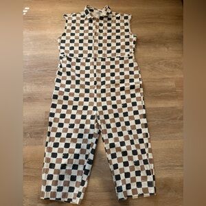Ascot and Hart Checkered Sleeveless Jumpsuit in Black, Brown & Cream